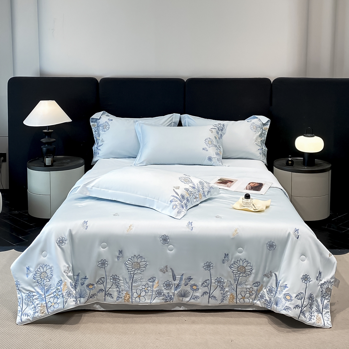 91家纺网 家纺一手货源 找家纺 新方向 2026新款刺绣A类20%蚕丝天丝棉夏被夏凉被空调被四件套-向阳而生 向阳而生-微光蓝