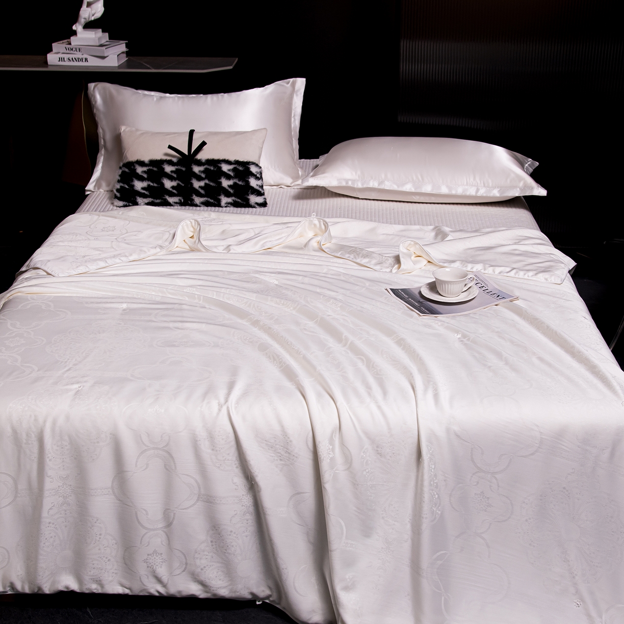 91家纺网 家纺一手货源 找家纺 合欢（原天一阁） 2026春夏新款60支贡缎提花竹棉100%蚕丝夏被春秋被 珍珠白