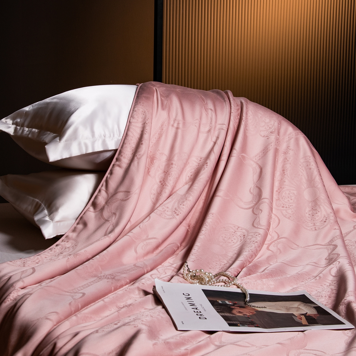 91家纺网 家纺一手货源 找家纺 合欢（原天一阁） 2026春夏新款60支贡缎提花竹棉100%蚕丝夏被春秋被 豆沙