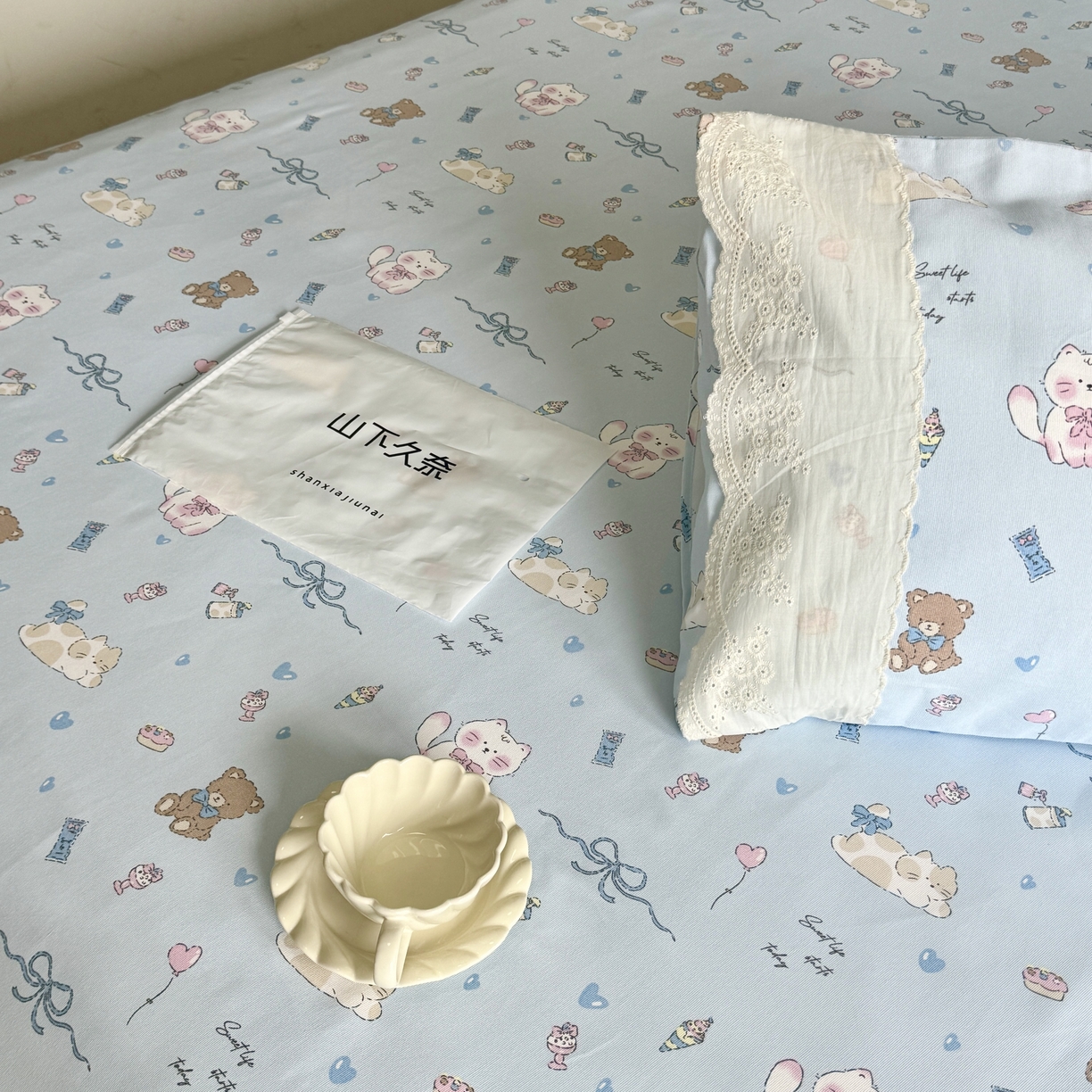 91家纺网 家纺一手货源 找家纺 一隅花田 2026新款竹感纤维双经双纬高密度四季软布席全棉花边款老粗布 海盐小熊