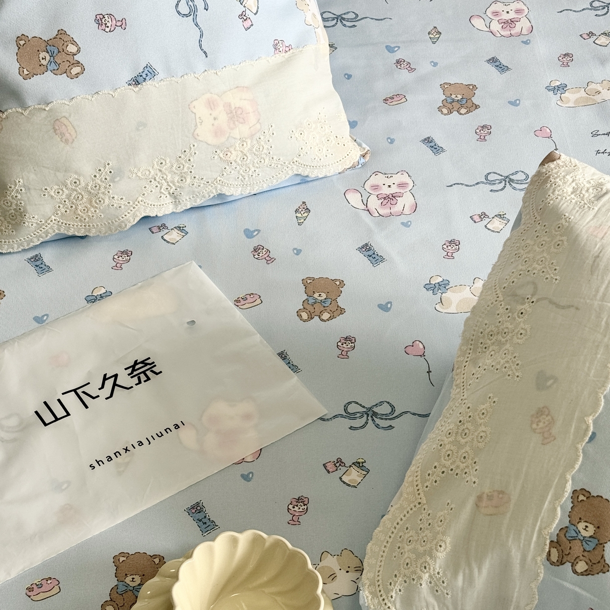 91家纺网 家纺一手货源 找家纺 一隅花田 2026新款竹感纤维双经双纬高密度四季软布席全棉花边款老粗布 海盐小熊