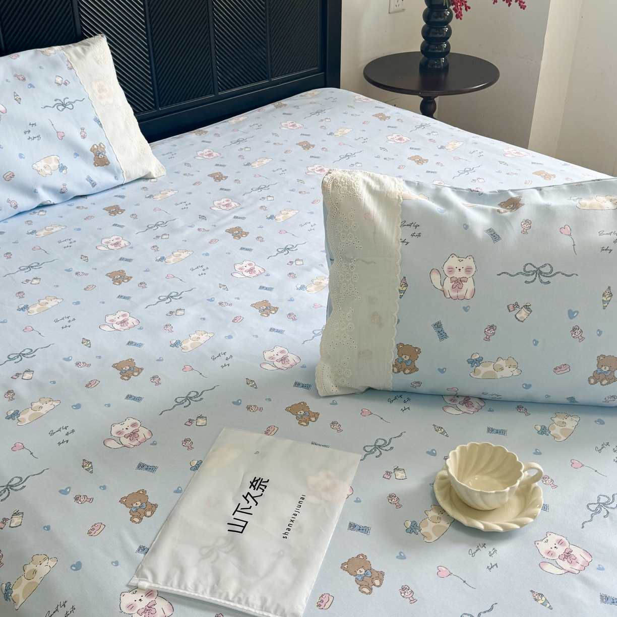 91家纺网 家纺一手货源 找家纺 一隅花田 2026新款竹感纤维双经双纬高密度四季软布席全棉花边款老粗布 海盐小熊