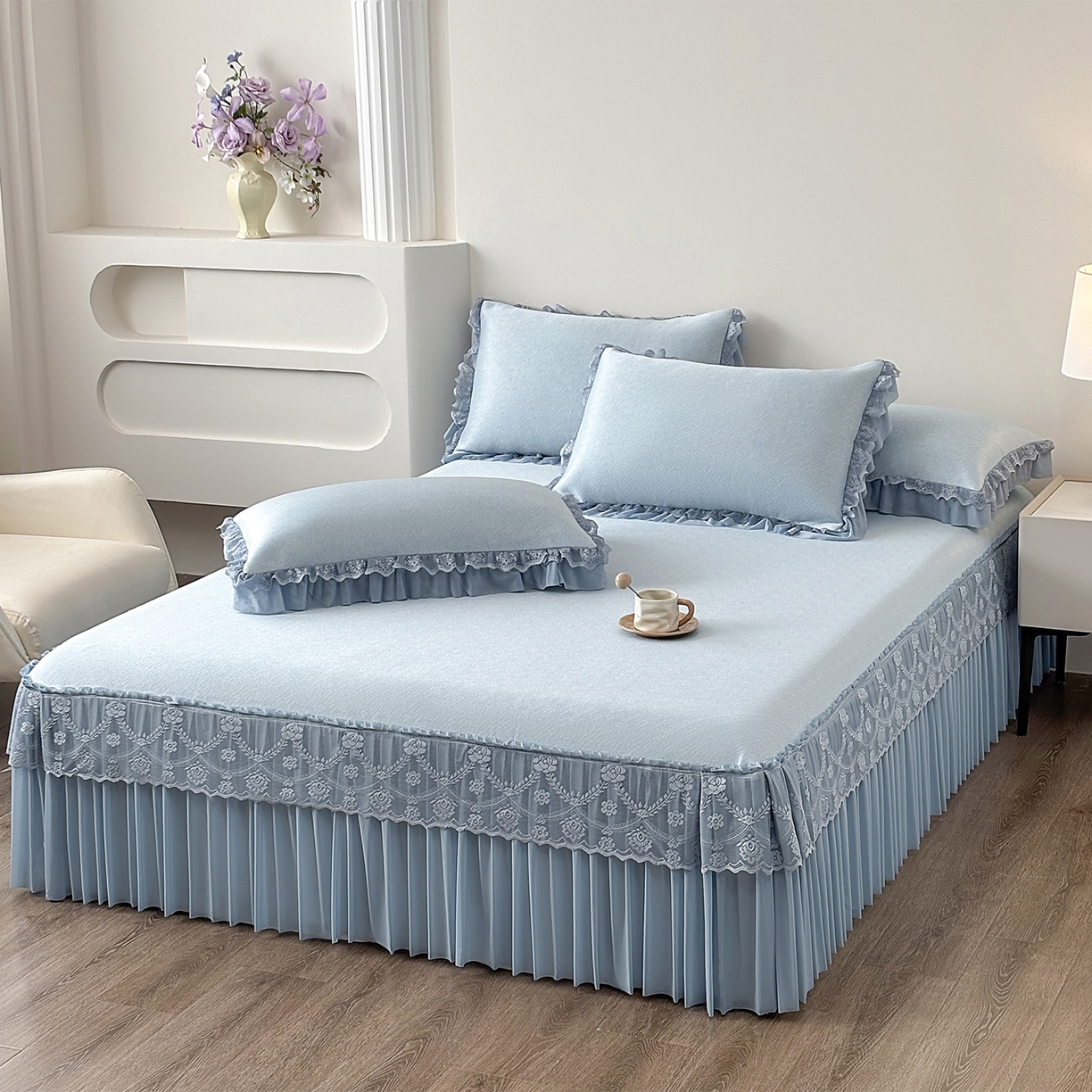 91家纺网 家纺一手货源 找家纺 （总）金艾草 2026新款PE高分子凉豆豆小冰皮凉感花边床裙席子凉席三件套