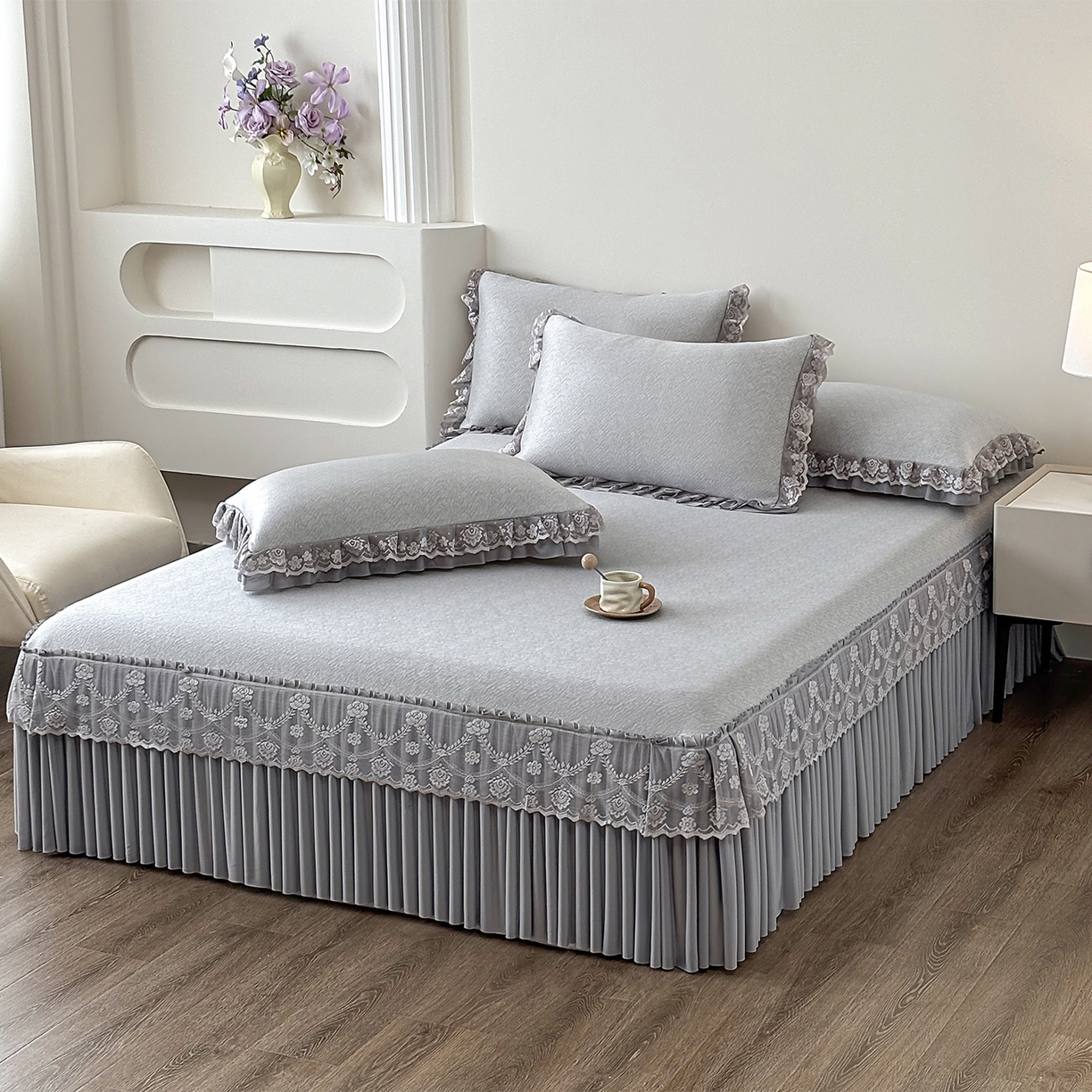 金艾草 2026新款PE高分子凉豆豆小冰皮凉感花边床裙席子凉席三件套 豆豆床裙-灰色