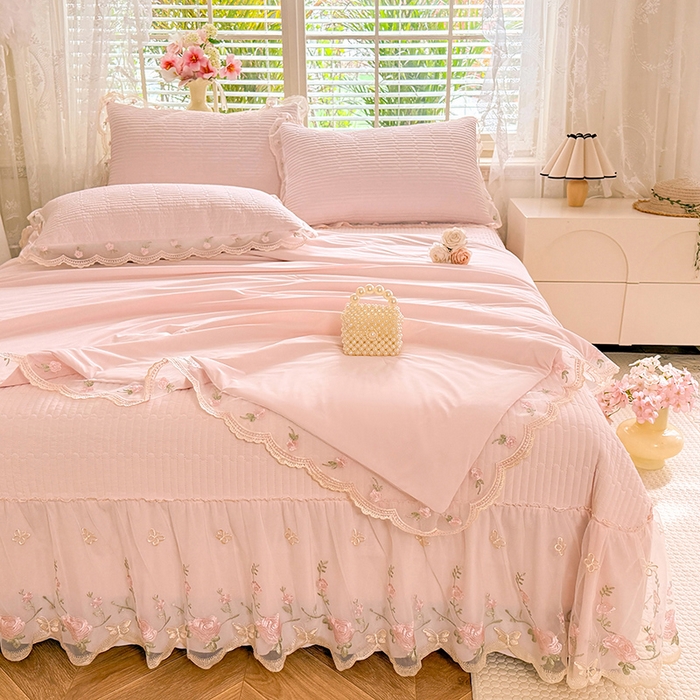 91家纺网 家纺一手货源 找家纺 苏米娜家纺SUMINA 2026新款A类锦氨凉感公主风夏被凉席四件套 初恋-奶芙粉