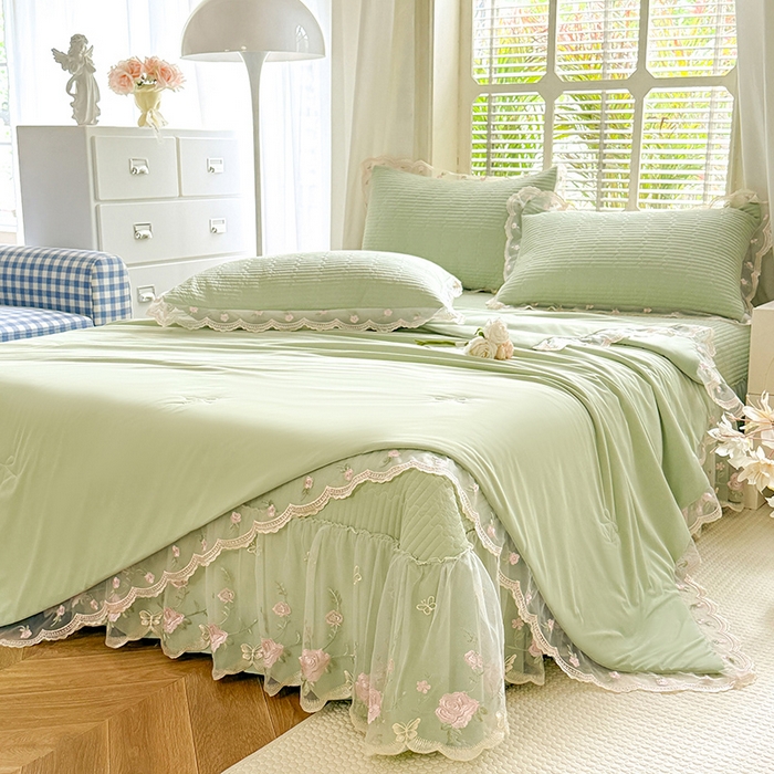 91家纺网 家纺一手货源 找家纺 苏米娜家纺SUMINA 2026新款A类锦氨凉感公主风夏被凉席四件套 初恋-清新绿