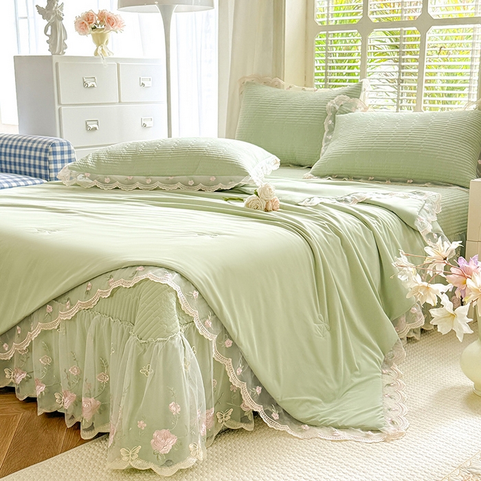 91家纺网 家纺一手货源 找家纺 苏米娜家纺SUMINA 2026新款A类锦氨凉感公主风夏被凉席四件套 初恋-清新绿