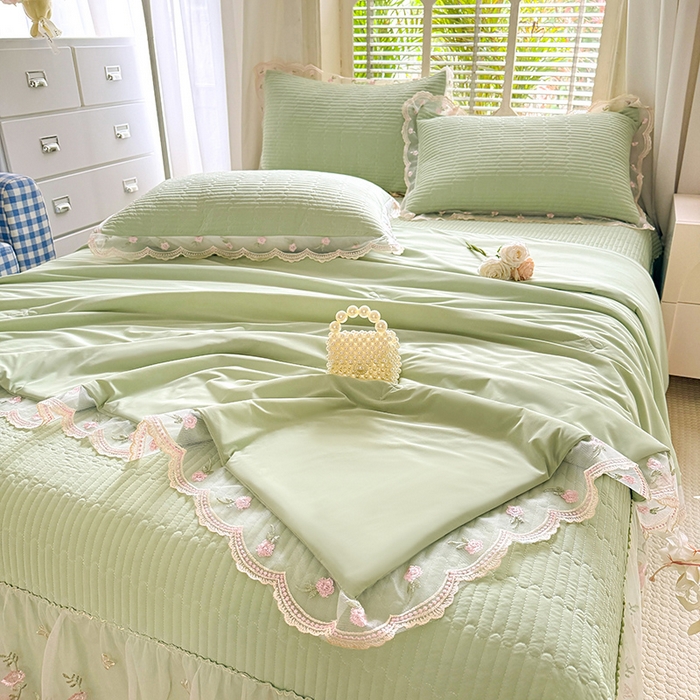 91家纺网 家纺一手货源 找家纺 苏米娜家纺SUMINA 2026新款A类锦氨凉感公主风夏被凉席四件套 初恋-清新绿