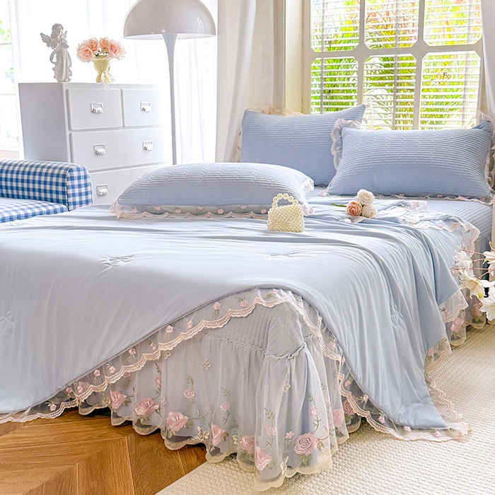 91家纺网 家纺一手货源 找家纺 苏米娜家纺SUMINA 2026新款A类锦氨凉感公主风夏被凉席四件套 初恋-梦幻蓝