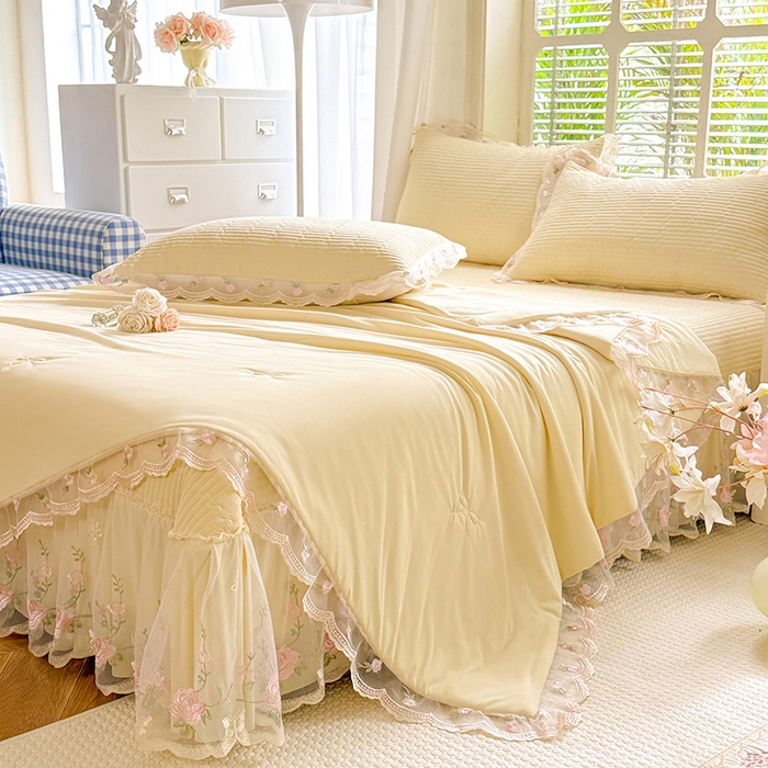 91家纺网 家纺一手货源 找家纺 苏米娜家纺SUMINA 2026新款A类锦氨凉感公主风夏被凉席四件套 初恋-奶酪黄