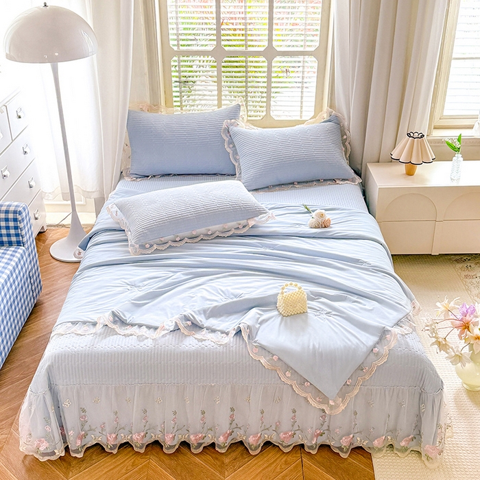 91家纺网 家纺一手货源 找家纺 苏米娜家纺SUMINA 2026新款A类锦氨凉感公主风夏被凉席四件套 初恋-梦幻蓝