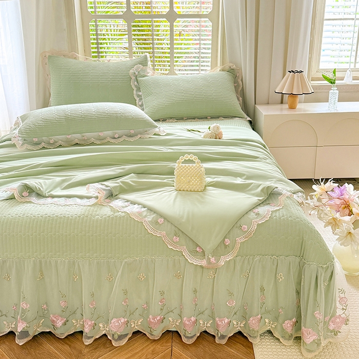 91家纺网 家纺一手货源 找家纺 苏米娜家纺SUMINA 2026新款A类锦氨凉感公主风夏被凉席四件套 初恋-清新绿