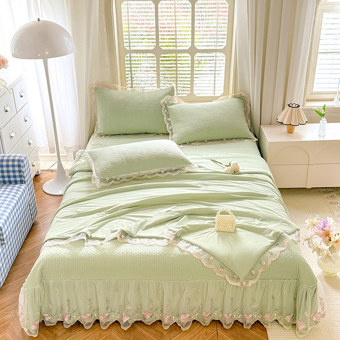 91家纺网 家纺一手货源 找家纺 苏米娜家纺SUMINA 2026新款A类锦氨凉感公主风夏被凉席四件套 初恋-清新绿