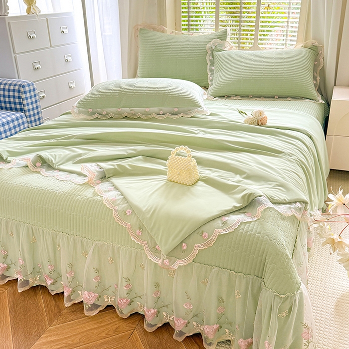 91家纺网 家纺一手货源 找家纺 苏米娜家纺SUMINA 2026新款A类锦氨凉感公主风夏被凉席四件套 初恋-清新绿