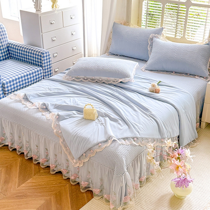 91家纺网 家纺一手货源 找家纺 苏米娜家纺SUMINA 2026新款A类锦氨凉感公主风夏被凉席四件套 初恋-梦幻蓝