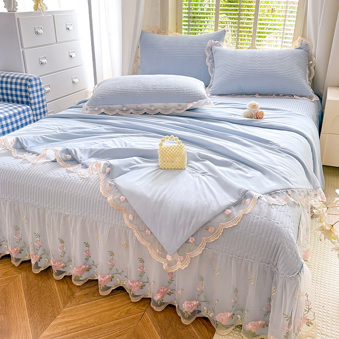 91家纺网 家纺一手货源 找家纺 苏米娜家纺SUMINA 2026新款A类锦氨凉感公主风夏被凉席四件套 初恋-梦幻蓝