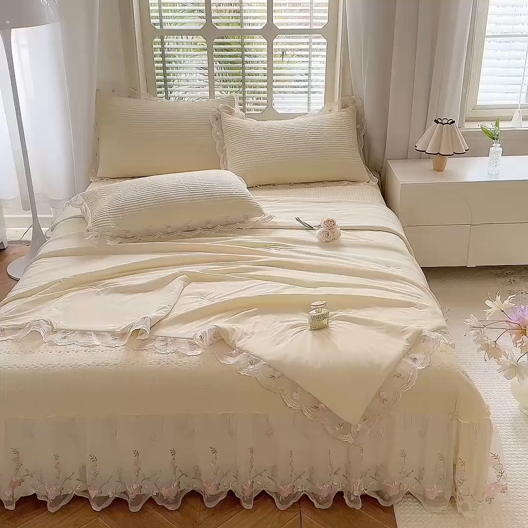 91家纺网 家纺一手货源 找家纺 苏米娜家纺SUMINA 2026新款A类锦氨凉感公主风夏被凉席四件套 初恋-奶酪黄