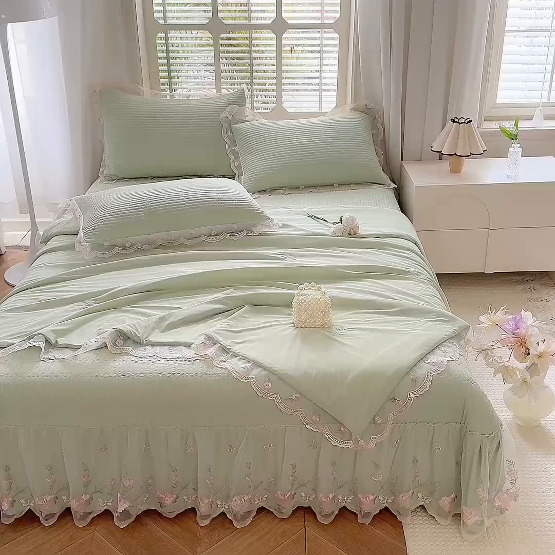 91家纺网 家纺一手货源 找家纺 苏米娜家纺SUMINA 2026新款A类锦氨凉感公主风夏被凉席四件套 初恋-清新绿