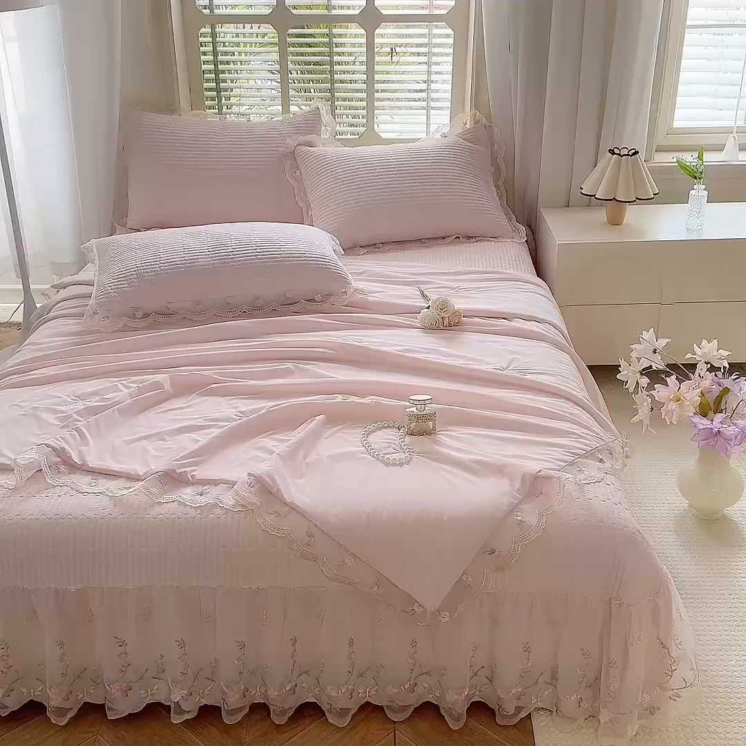 91家纺网 家纺一手货源 找家纺 苏米娜家纺SUMINA 2026新款A类锦氨凉感公主风夏被凉席四件套 初恋-奶芙粉