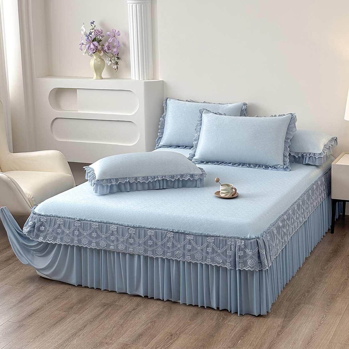 91家纺网 家纺一手货源 找家纺 金艾草 2026新款PE高分子凉豆豆小冰皮凉感花边床裙席子凉席三件套 豆豆床裙-浅蓝