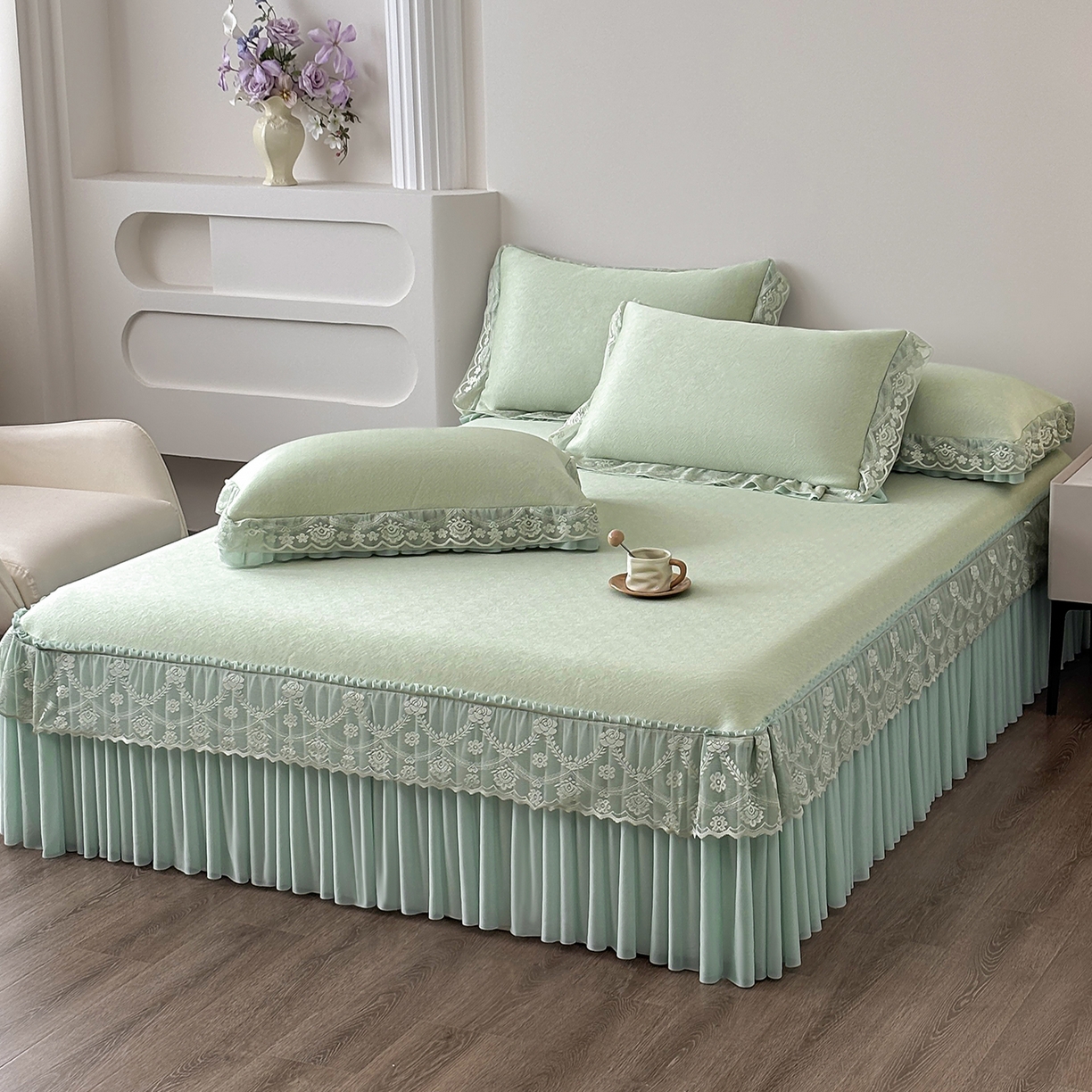 金艾草 2026新款PE高分子凉豆豆小冰皮凉感花边床裙席子凉席三件套 豆豆床裙-浅绿