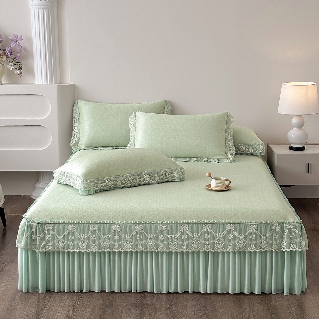 91家纺网 家纺一手货源 找家纺 金艾草 2026新款PE高分子凉豆豆小冰皮凉感花边床裙席子凉席三件套 豆豆床裙-浅绿