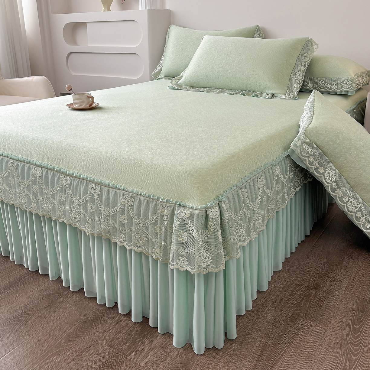 91家纺网 家纺一手货源 找家纺 金艾草 2026新款PE高分子凉豆豆小冰皮凉感花边床裙席子凉席三件套 豆豆床裙-浅绿