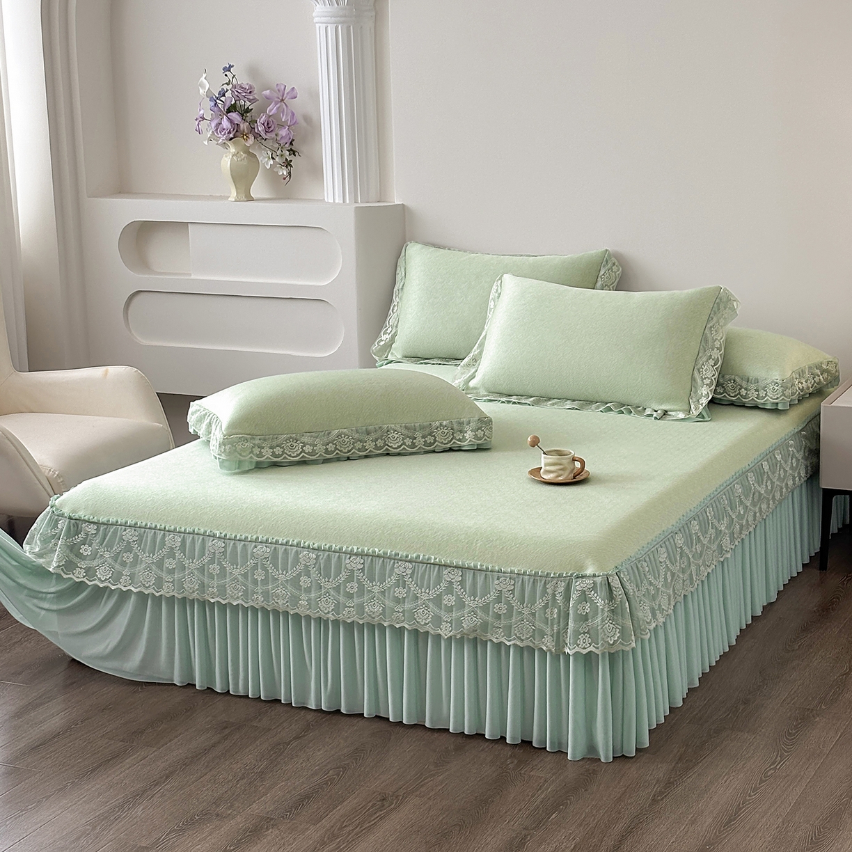 91家纺网 家纺一手货源 找家纺 金艾草 2026新款PE高分子凉豆豆小冰皮凉感花边床裙席子凉席三件套 豆豆床裙-浅绿