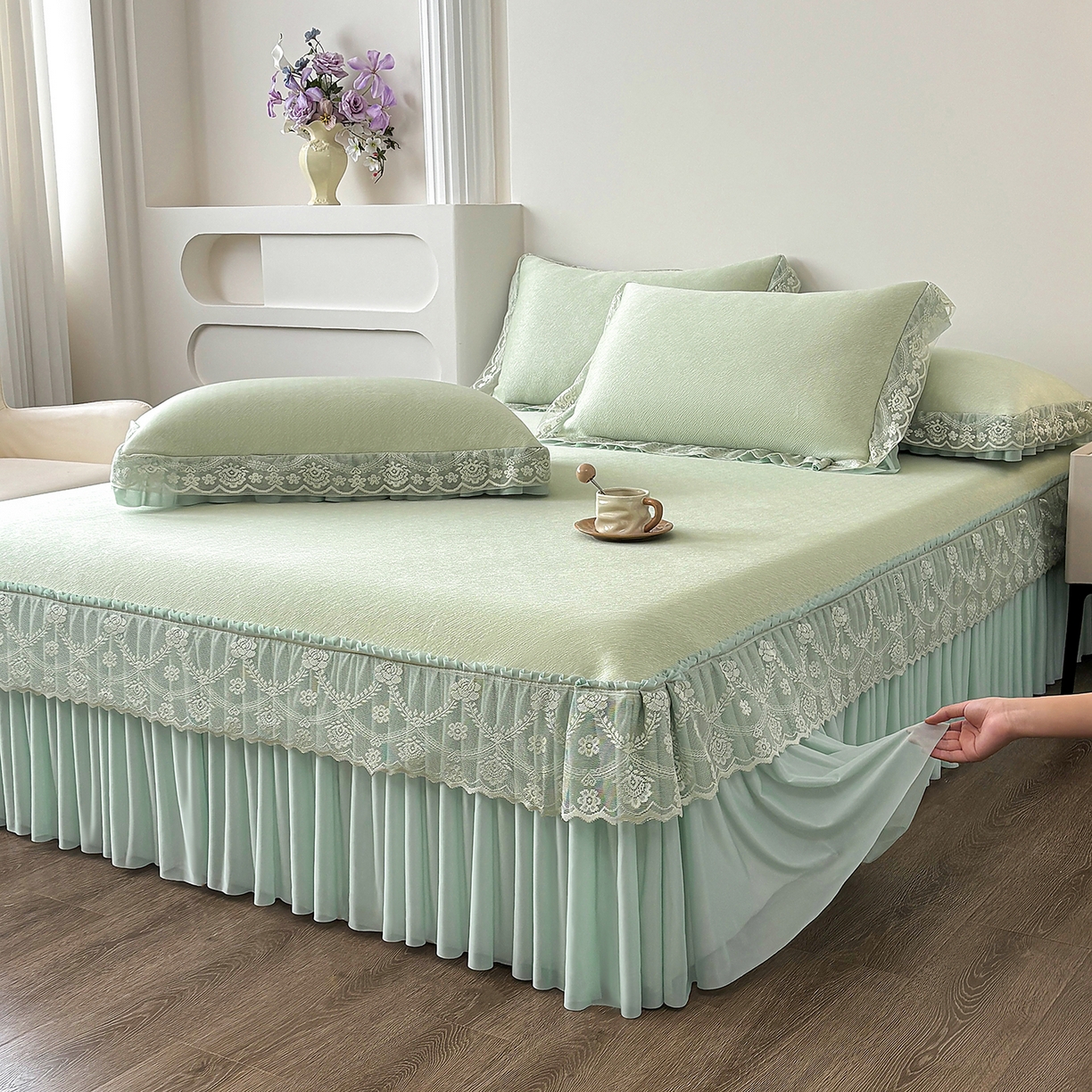 91家纺网 家纺一手货源 找家纺 金艾草 2026新款PE高分子凉豆豆小冰皮凉感花边床裙席子凉席三件套 豆豆床裙-浅绿