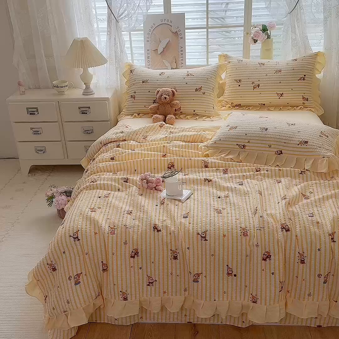 91家纺网 家纺一手货源 找家纺 （总）韩约家纺 2026春夏新款韩式花边泡芙棉床单款夏被夏凉被空调被四件套