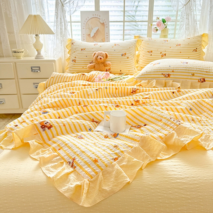 91家纺网 家纺一手货源 找家纺 （总）韩约家纺 2026春夏新款韩式花边泡芙棉床单款夏被夏凉被空调被四件套