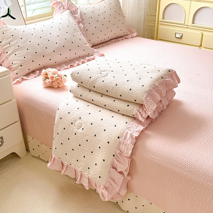 韩约家纺 2026春夏新款韩式花边泡芙棉床单款夏被夏凉被空调被四件套 奶油泡芙