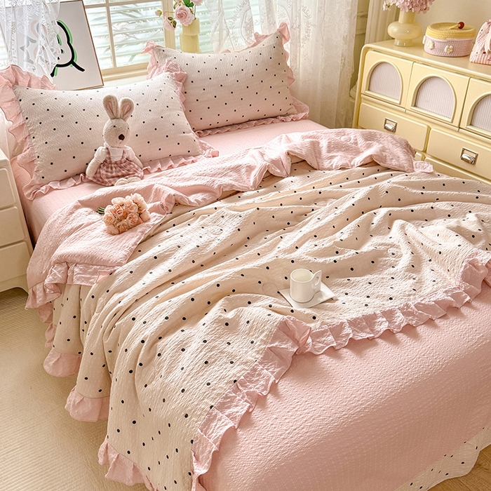 91家纺网 家纺一手货源 找家纺 韩约家纺 2026春夏新款韩式花边泡芙棉床单款夏被夏凉被空调被四件套 奶油泡芙