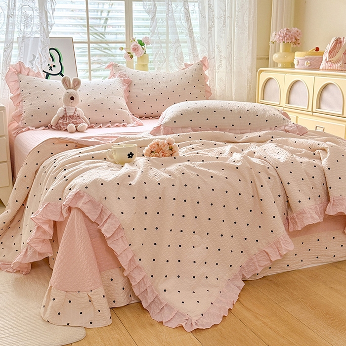 91家纺网 家纺一手货源 找家纺 韩约家纺 2026春夏新款韩式花边泡芙棉床单款夏被夏凉被空调被四件套 奶油泡芙