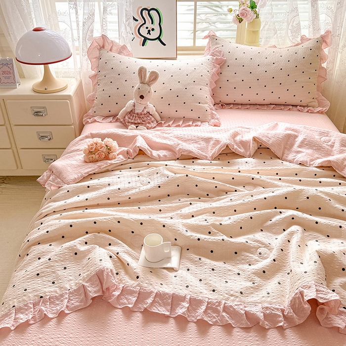 91家纺网 家纺一手货源 找家纺 韩约家纺 2026春夏新款韩式花边泡芙棉床单款夏被夏凉被空调被四件套 奶油泡芙