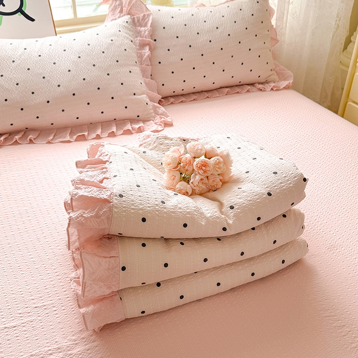 91家纺网 家纺一手货源 找家纺 韩约家纺 2026春夏新款韩式花边泡芙棉床单款夏被夏凉被空调被四件套 奶油泡芙