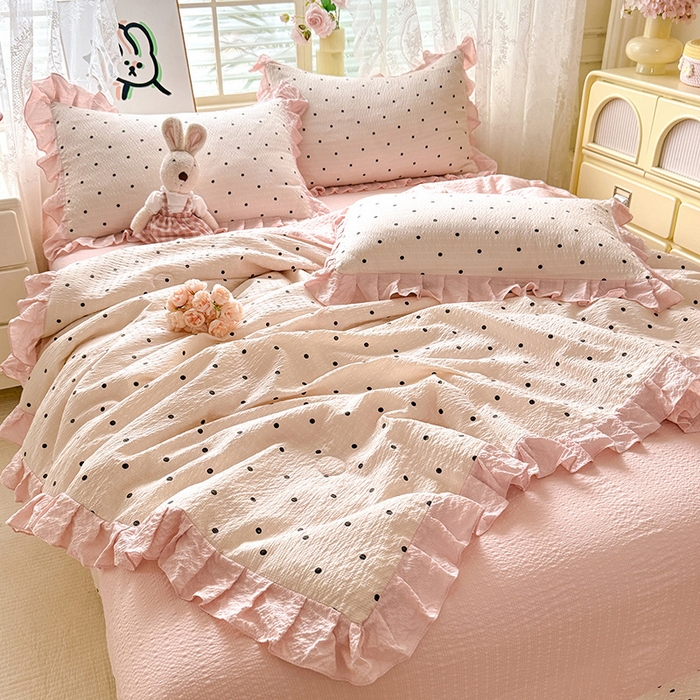 91家纺网 家纺一手货源 找家纺 韩约家纺 2026春夏新款韩式花边泡芙棉床单款夏被夏凉被空调被四件套 奶油泡芙