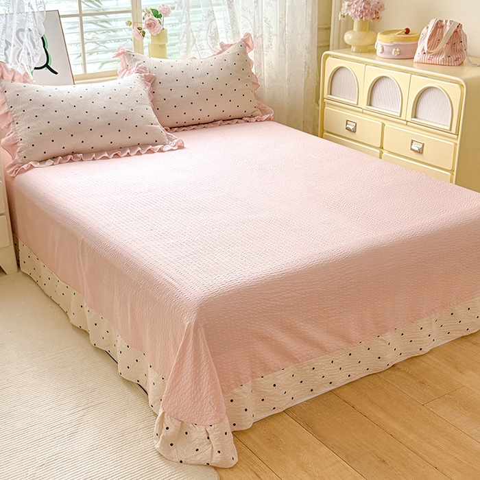 91家纺网 家纺一手货源 找家纺 韩约家纺 2026春夏新款韩式花边泡芙棉床单款夏被夏凉被空调被四件套 奶油泡芙