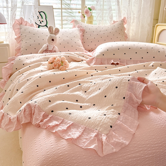 91家纺网 家纺一手货源 找家纺 韩约家纺 2026春夏新款韩式花边泡芙棉床单款夏被夏凉被空调被四件套 奶油泡芙