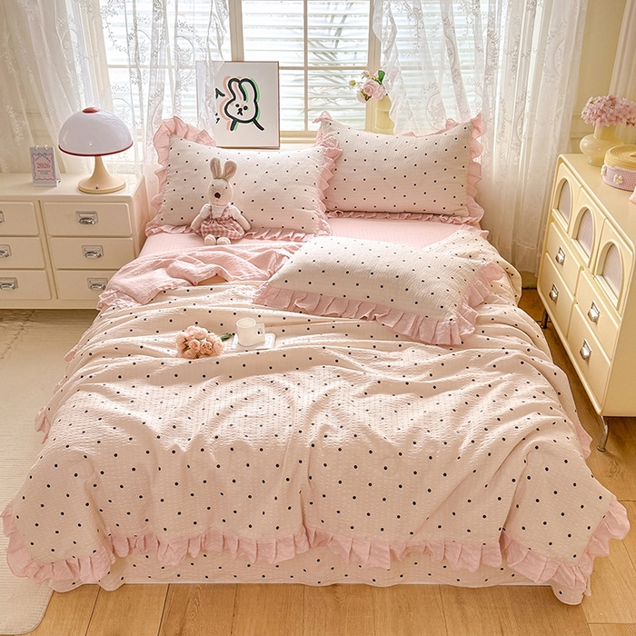 91家纺网 家纺一手货源 找家纺 韩约家纺 2026春夏新款韩式花边泡芙棉床单款夏被夏凉被空调被四件套 奶油泡芙