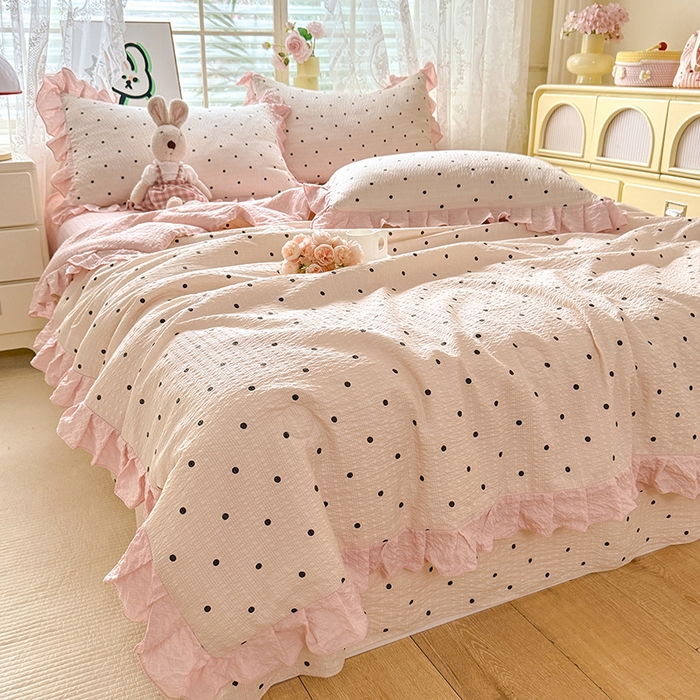 91家纺网 家纺一手货源 找家纺 韩约家纺 2026春夏新款韩式花边泡芙棉床单款夏被夏凉被空调被四件套 奶油泡芙