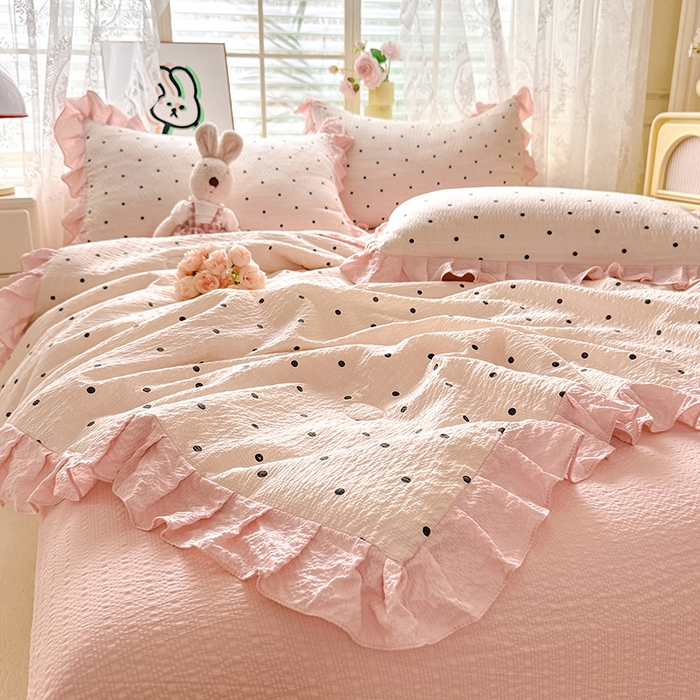 91家纺网 家纺一手货源 找家纺 韩约家纺 2026春夏新款韩式花边泡芙棉床单款夏被夏凉被空调被四件套 奶油泡芙