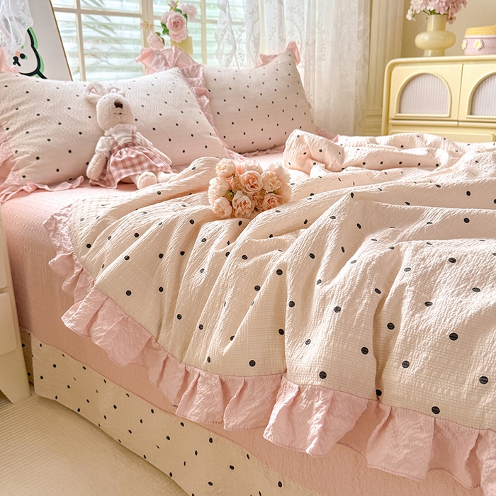 91家纺网 家纺一手货源 找家纺 韩约家纺 2026春夏新款韩式花边泡芙棉床单款夏被夏凉被空调被四件套 奶油泡芙