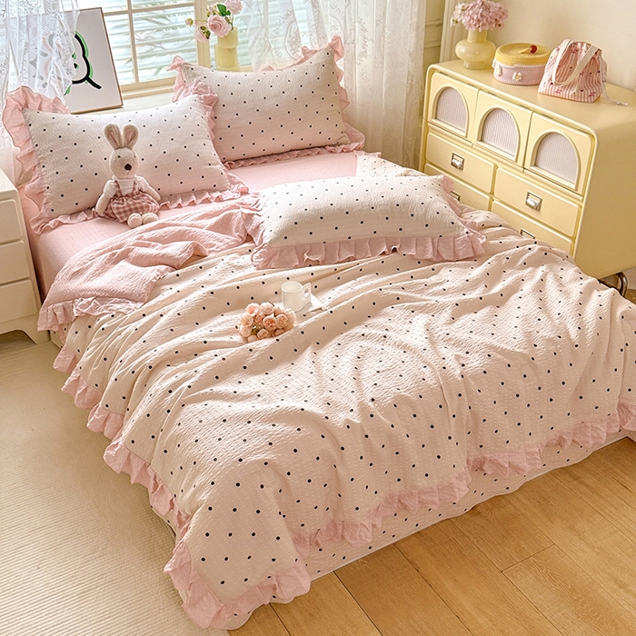 91家纺网 家纺一手货源 找家纺 韩约家纺 2026春夏新款韩式花边泡芙棉床单款夏被夏凉被空调被四件套 奶油泡芙