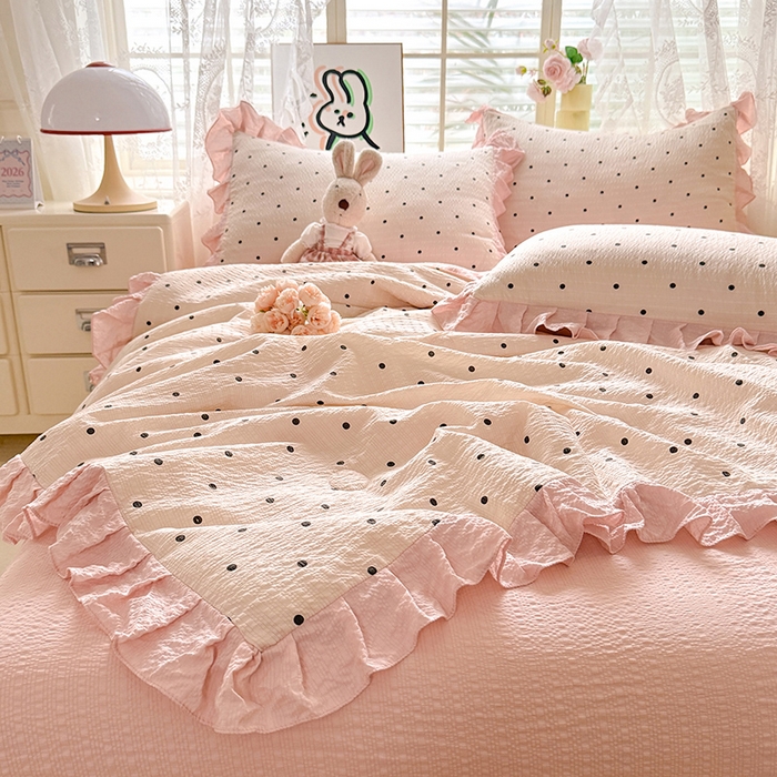 91家纺网 家纺一手货源 找家纺 韩约家纺 2026春夏新款韩式花边泡芙棉床单款夏被夏凉被空调被四件套 奶油泡芙