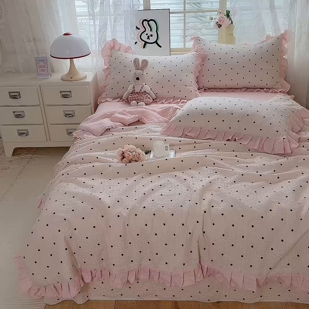 91家纺网 家纺一手货源 找家纺 韩约家纺 2026春夏新款韩式花边泡芙棉床单款夏被夏凉被空调被四件套 奶油泡芙