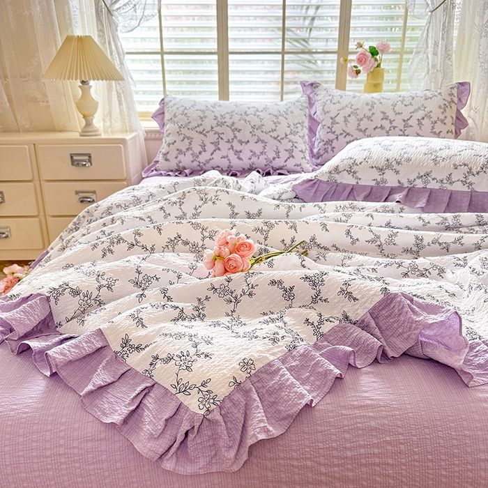 91家纺网 家纺一手货源 找家纺 韩约家纺 2026春夏新款韩式花边泡芙棉床单款夏被夏凉被空调被四件套 安暖如夏