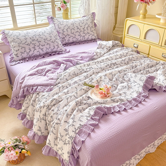 91家纺网 家纺一手货源 找家纺 韩约家纺 2026春夏新款韩式花边泡芙棉床单款夏被夏凉被空调被四件套 安暖如夏