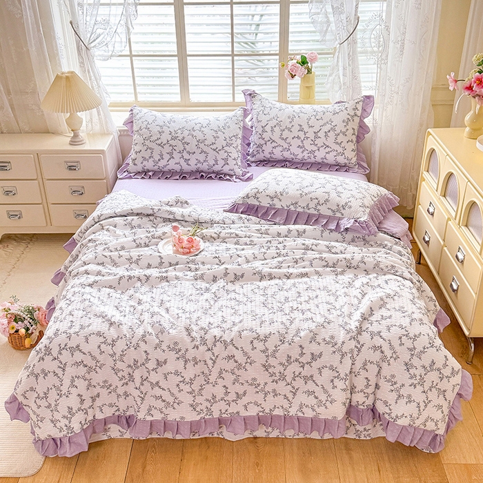 91家纺网 家纺一手货源 找家纺 韩约家纺 2026春夏新款韩式花边泡芙棉床单款夏被夏凉被空调被四件套 安暖如夏