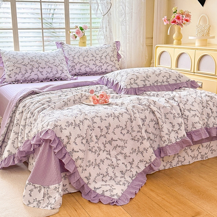 91家纺网 家纺一手货源 找家纺 韩约家纺 2026春夏新款韩式花边泡芙棉床单款夏被夏凉被空调被四件套 安暖如夏